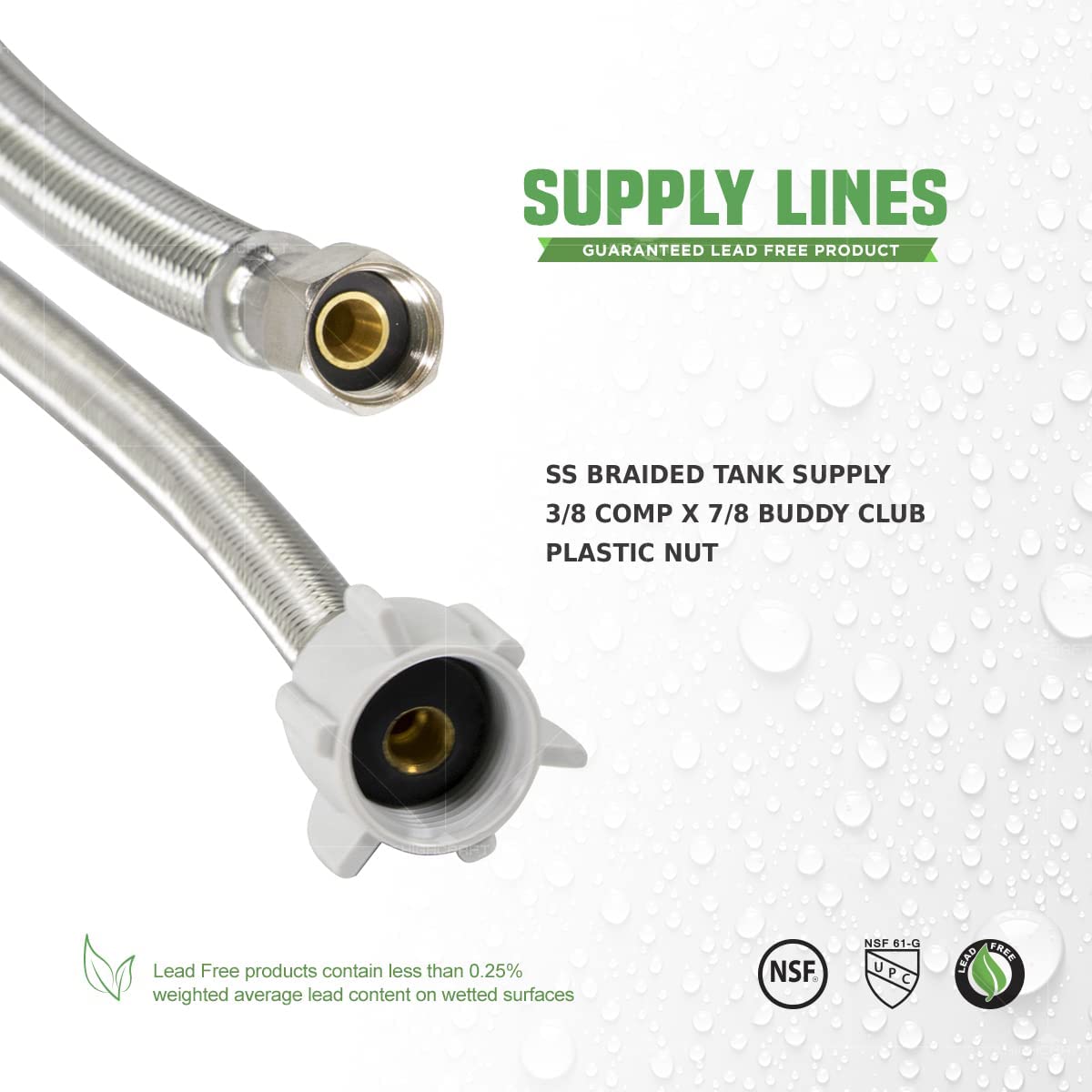 12" SS BRAIDED 3/8 COMP X 7/8" BC PLAS NUT TANK SUPPLY LEAD FREE - Fittings N' Valves