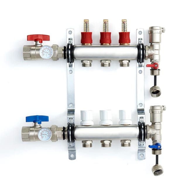 3-branch Stainless Steel Radiant Heat Manifold Set w/ 1/2" PEX adapters - Fittings N' Valves