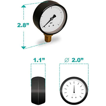 RAVEN PG260 R1522 2 INCH DISPLAY DRY GAUGES STEEL CASE, 1/4 INCH NPT CENTER BACK CONNECTION, CIRCULAR DIAL, POLYCARBONATE CRYSTAL, BLACK ANODIZED ALUMINUM POINTER, AND DURABILITY, 60 PSI - Fittings N' Valves