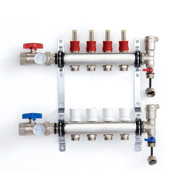 4-branch Stainless Steel Radiant Heat Manifold Set w/ 1/2" PEX adapters