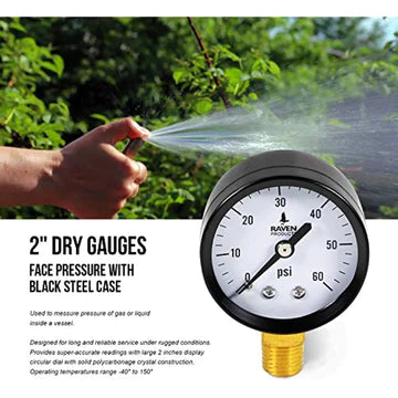 RAVEN PG260 R1522 2 INCH DISPLAY DRY GAUGES STEEL CASE, 1/4 INCH NPT CENTER BACK CONNECTION, CIRCULAR DIAL, POLYCARBONATE CRYSTAL, BLACK ANODIZED ALUMINUM POINTER, AND DURABILITY, 60 PSI - Fittings N' Valves