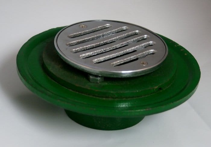Prier Cast Iron Shower Drain, Bolt Down Clamping Ring with Chrome Plated Brass Grid, 2" Caulk Inlet