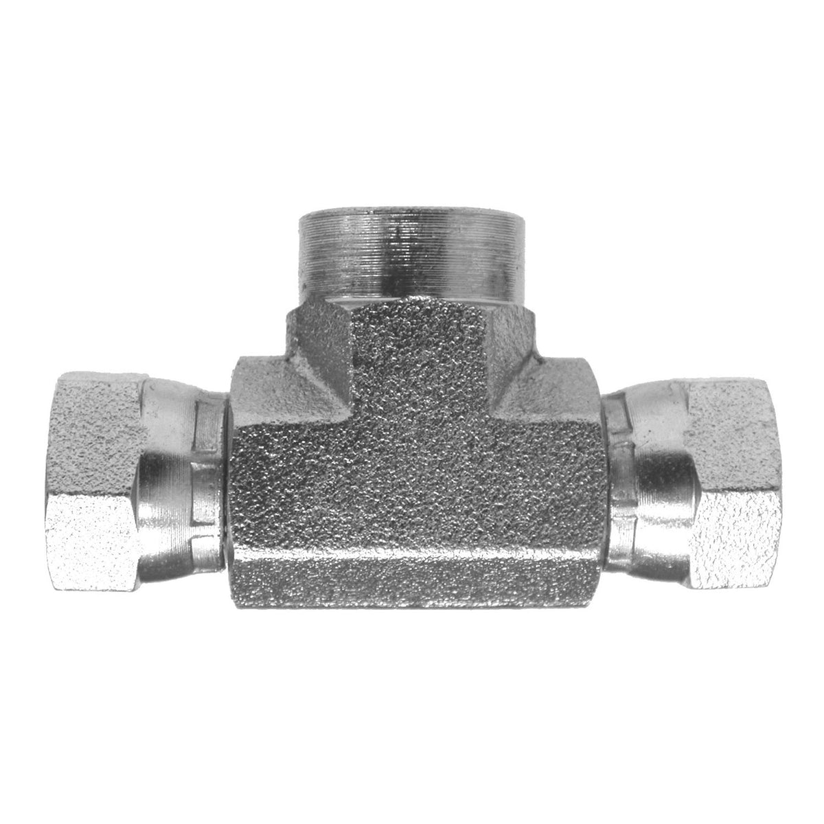 Pipe Swivel Branch Tee, 1-1/4-in Female NPTF x 1-1/4-in Female NPSM Swivel x 1-1/4-in Female NPSM Swivel, Steel
