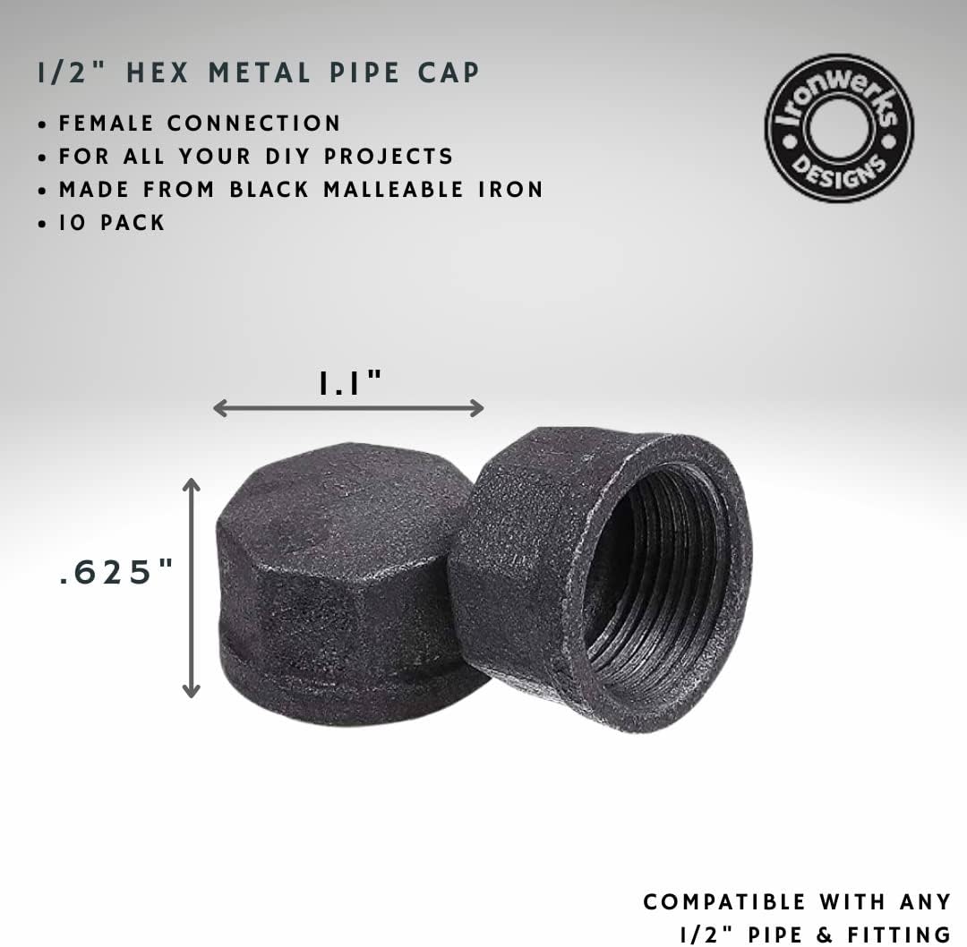 1/2" Hex Shaped Steel Pipe Cap - Decorative