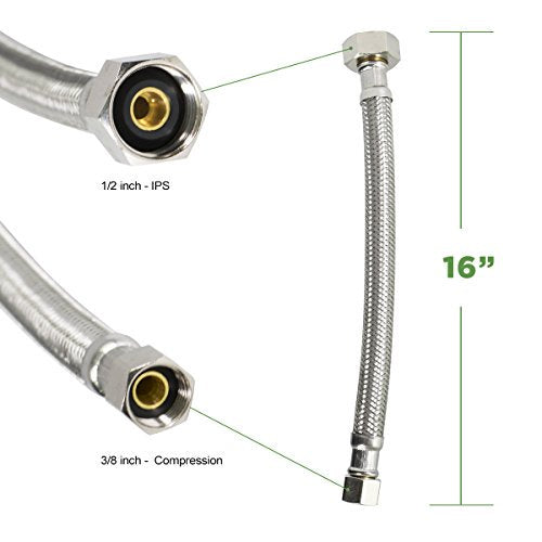 16" SS BRAIDED 1/2" IPS X 3/8 COMP FAUCET SUPPLY LEAD FREE - Fittings N' Valves