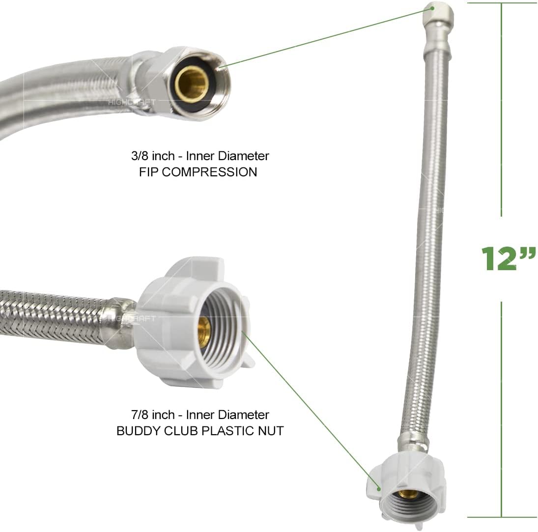 12" SS BRAIDED 3/8 COMP X 7/8" BC PLAS NUT TANK SUPPLY LEAD FREE - Fittings N' Valves