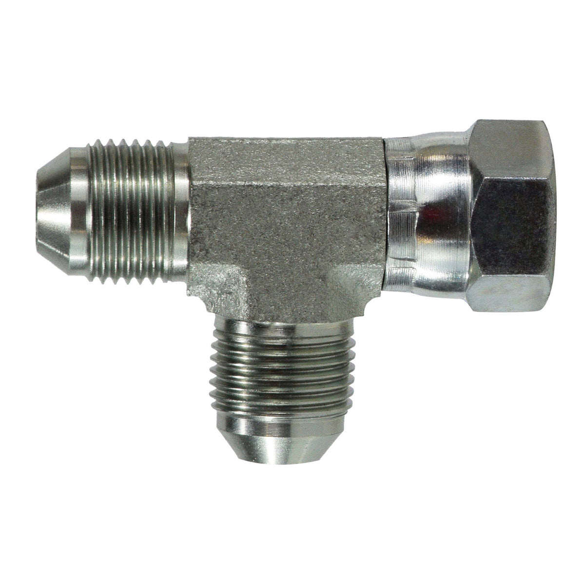 Swivel Run Tee, 1-in Male JIC x 1-in Female JIC Swivel x 1/2-in Male JIC, Steel