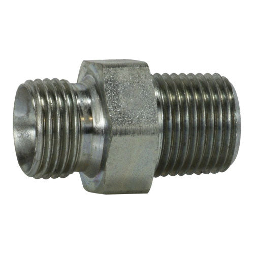 Hex Pipe Nipple, 1/4-in Male NPTF x 1/4-in Male BSPP, Steel