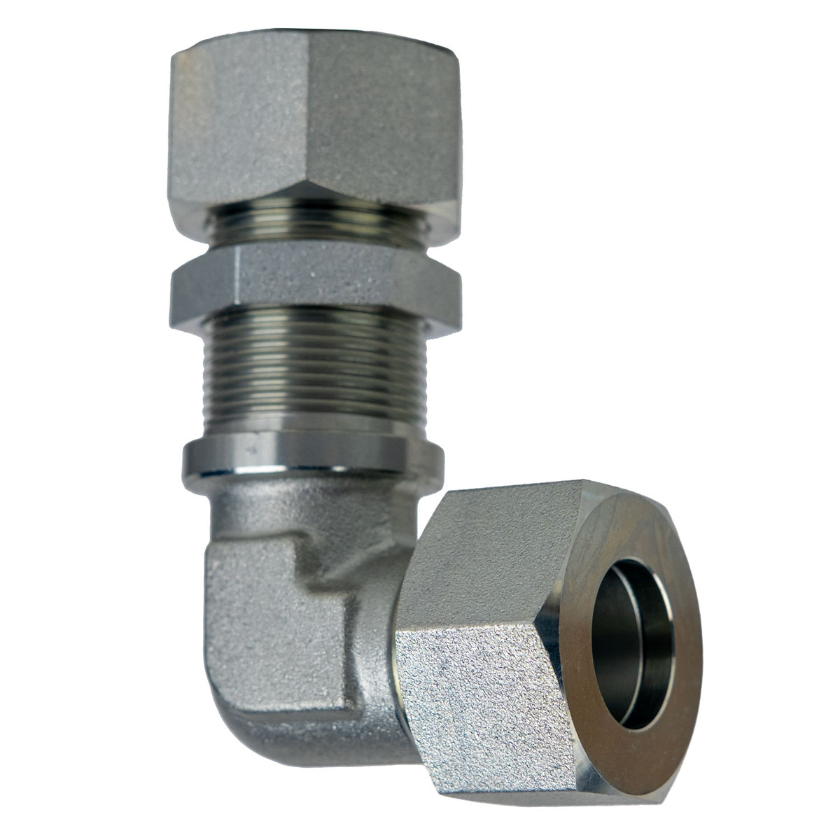 Bulkhead Union 90-deg Elbow, S12 Metric Bite Type x S12 Metric Bite Type, Steel