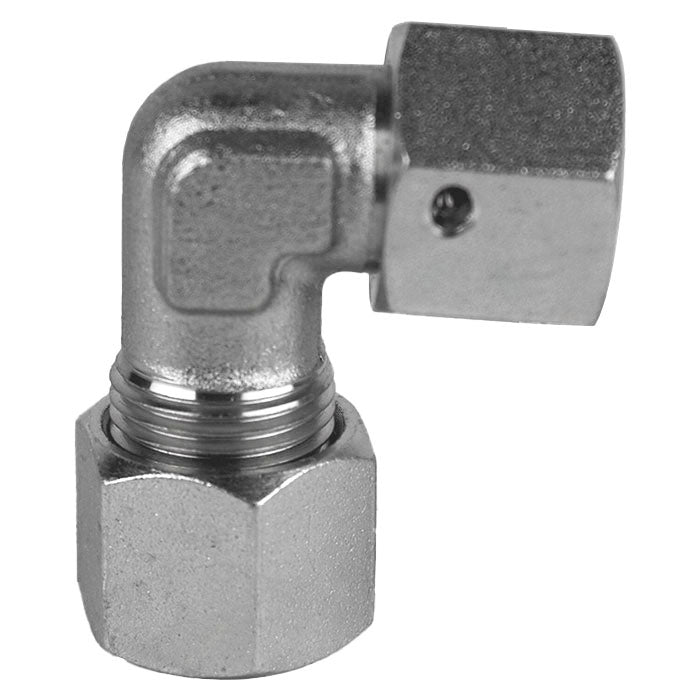 90-deg Swivel Elbow, S06 Metric Bite Type x S06 Female Metric Swivel, Steel