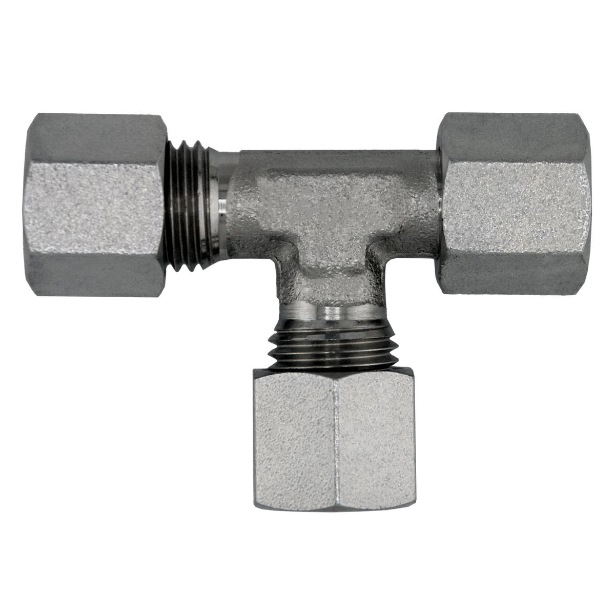 Run Tee, L15 Metric Bite Type x L15 Female Metric Swivel x L15 Metric Bite Type, Steel