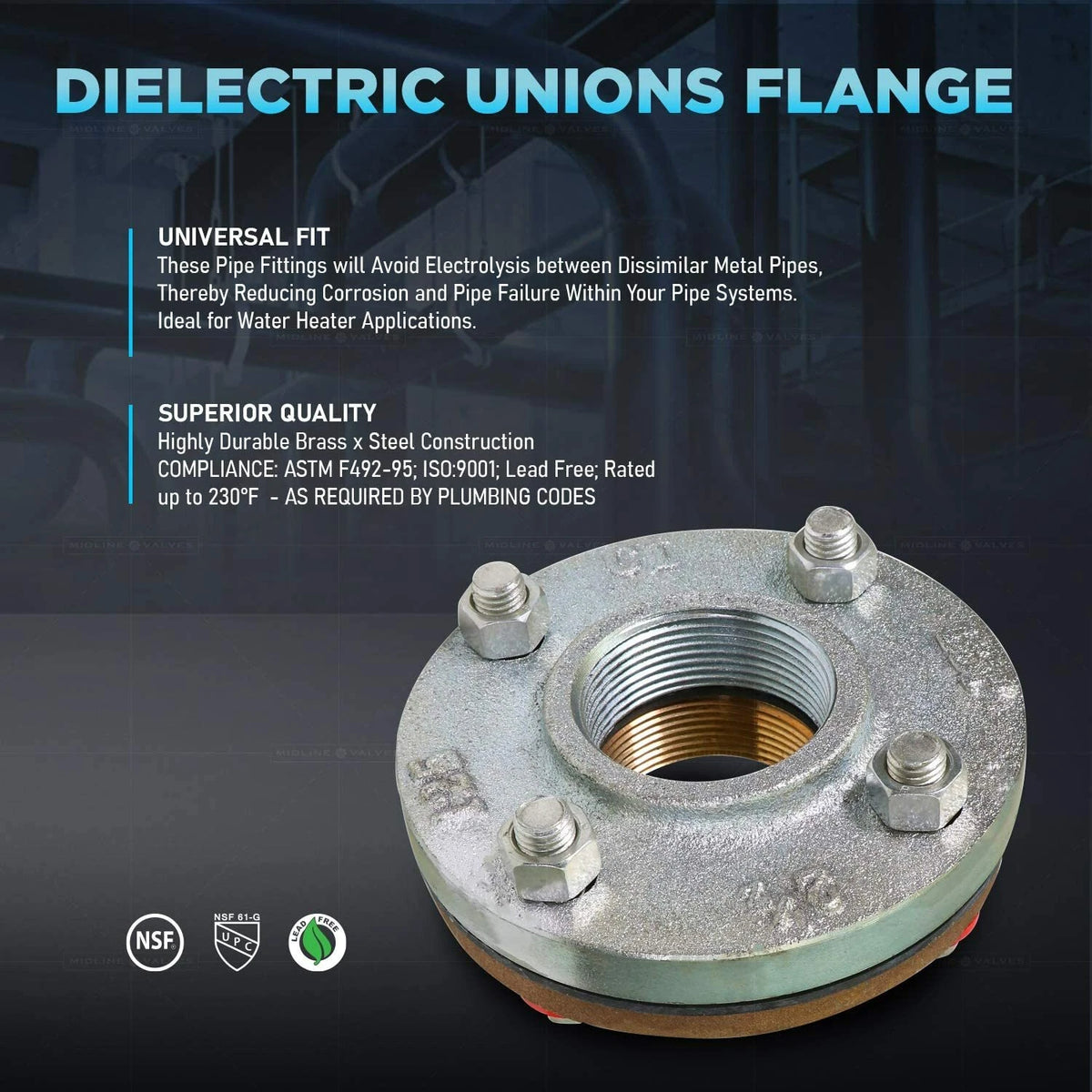 2-1/2" Flanged Dielectric Union Lead Free Pipe Fitting - Female X Female