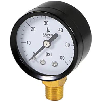 RAVEN PG260 R1522 2 INCH DISPLAY DRY GAUGES STEEL CASE, 1/4 INCH NPT CENTER BACK CONNECTION, CIRCULAR DIAL, POLYCARBONATE CRYSTAL, BLACK ANODIZED ALUMINUM POINTER, AND DURABILITY, 60 PSI - Fittings N' Valves