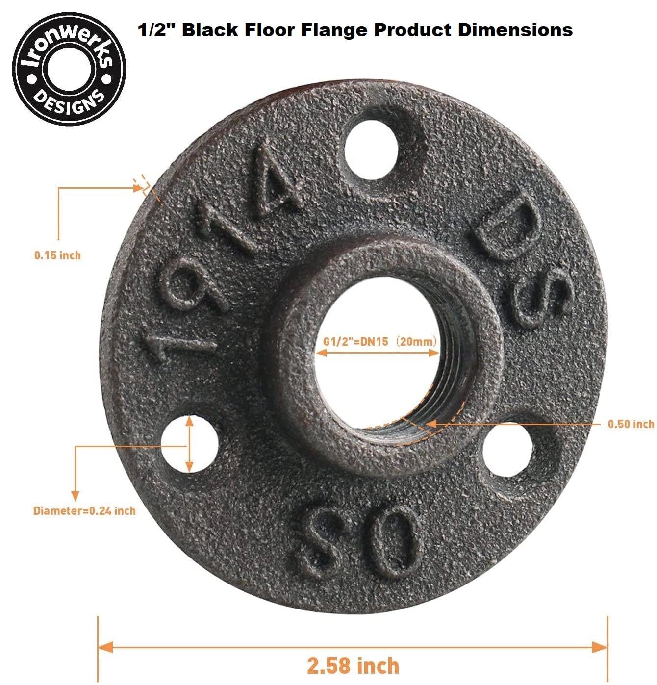 1/2" Black Floor Flange For Pipe Furniture - 3 Hole