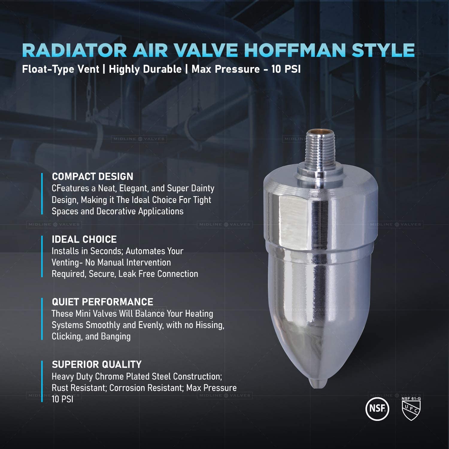1/4" Straight Hoffman Style Steam Air Vent; Heat Regulator Float Type Valve; Straight Mount; NPT; Chrome Plated Steel