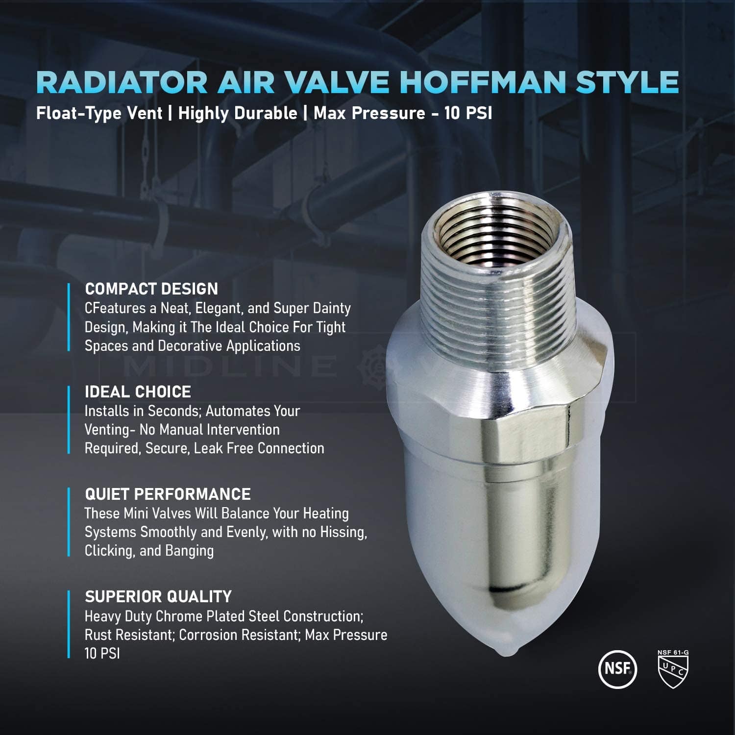 3/4" x 1/2" Straight Hoffman Style Steam Air Vent; Heat Regulator Float Type Valve; Straight Mount; NPT; Chrome Plated Steel