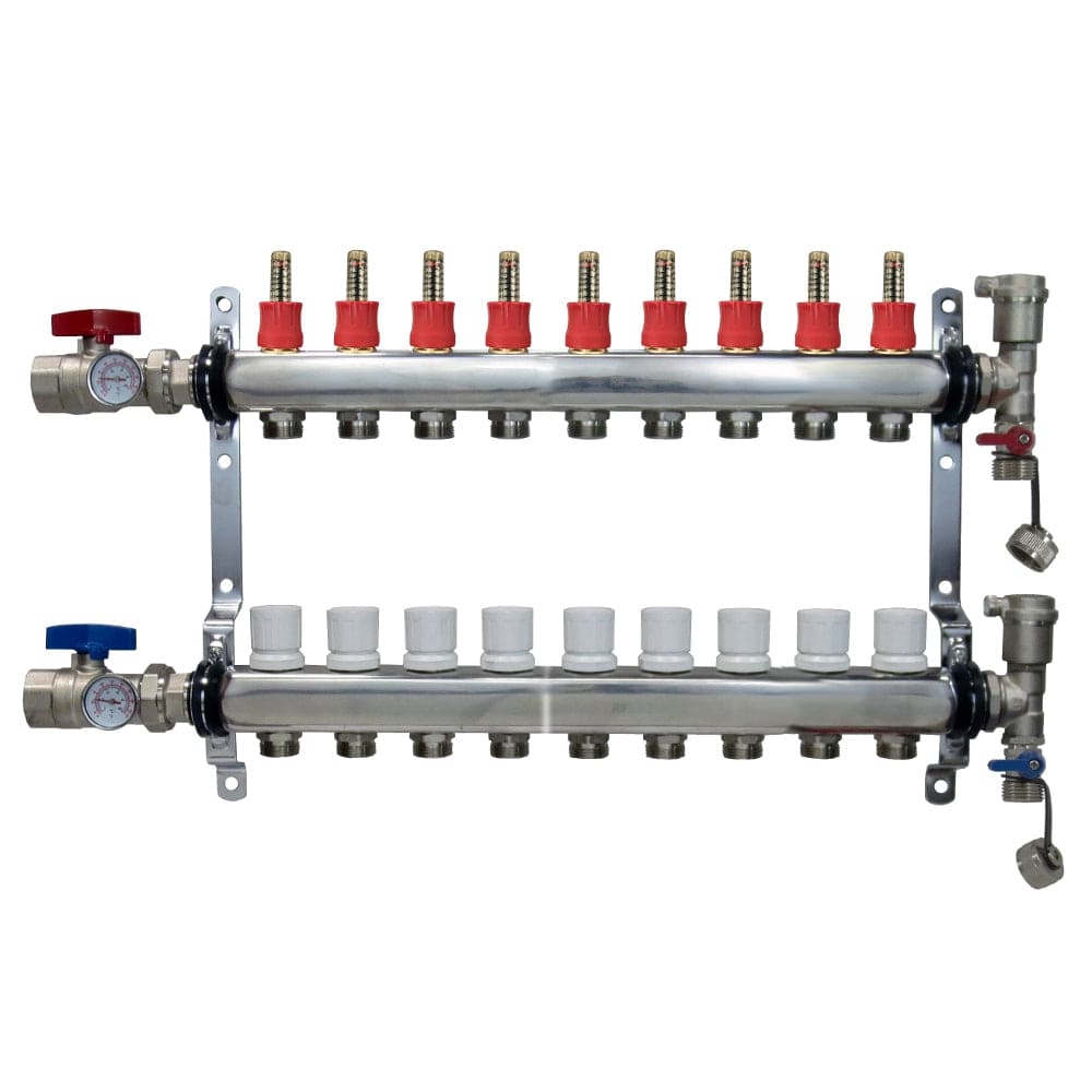 9-branch Stainless Steel Radiant Heat Manifold Set w/ 1/2" PEX adapters