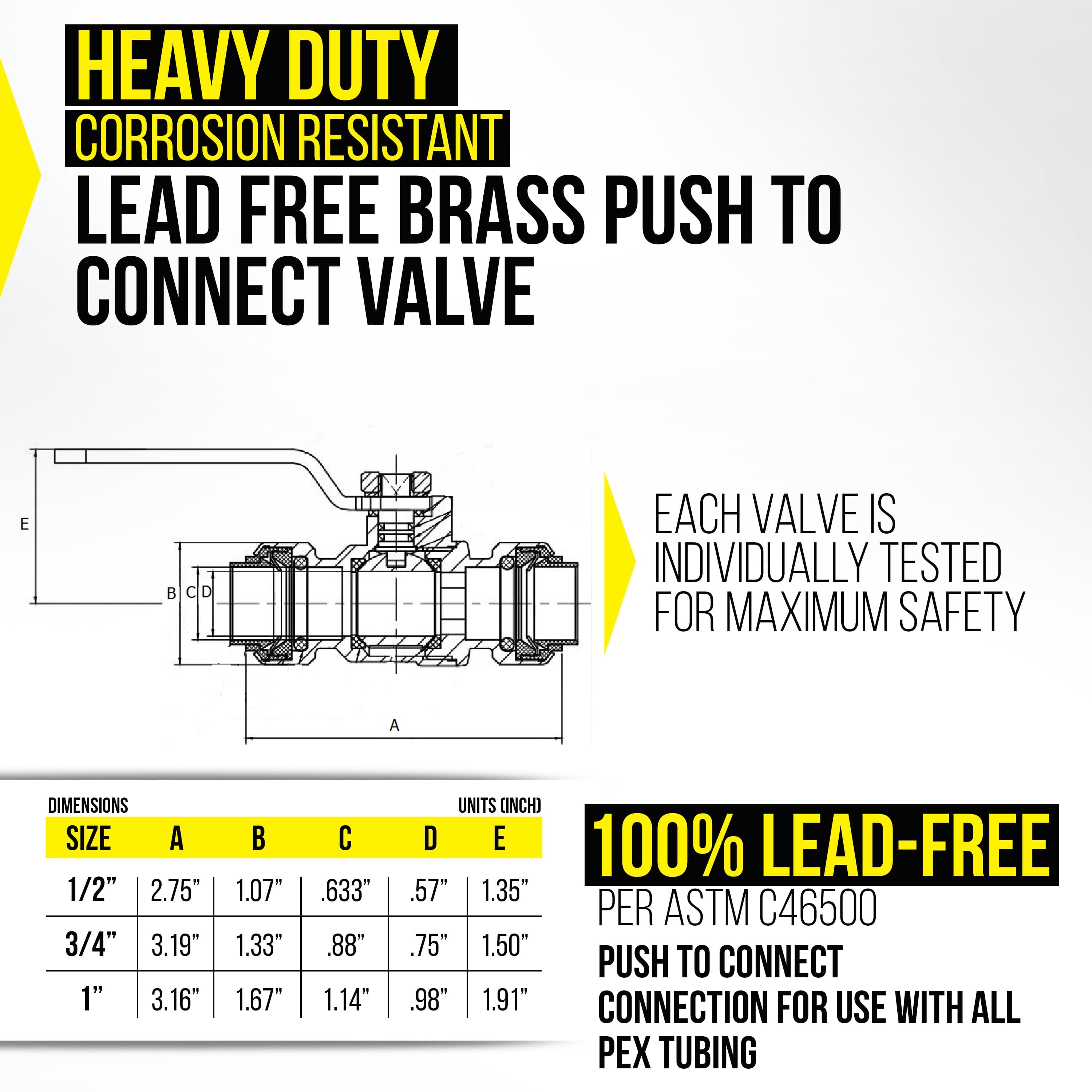 1/2" Push x Push Ball Valve - Push-Fit Water Shut Off (Lead-Free) - Fittings N' Valves