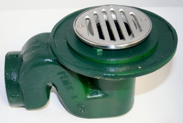 Prier Cast Iron Shower Drain w/Trap, Bolt Down Clamping ring w/Polished Brass Grid, 2" FPT