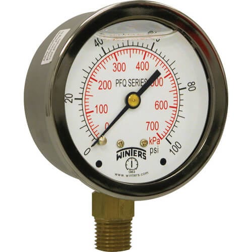 Winters PFQ Series SS Liquid Filled Gauge 30" Hg Vac/kPa