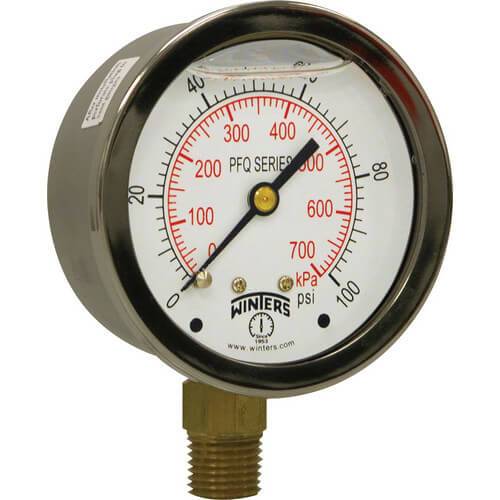 Winters PFQ Series SS Liquid Filled Gauge 30" Hg Vac/kPa