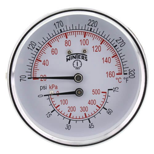 Winters TTD Series Tridicator 3" Dial, 1/2" NPT Back, 0-75 psi/kPa, 70-320 F/C