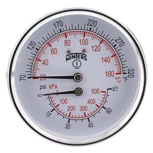 Winters TTD Series Tridicator 3" Dial, 1/2" NPT Back, 0-75 psi/kPa, 70-320 F/C